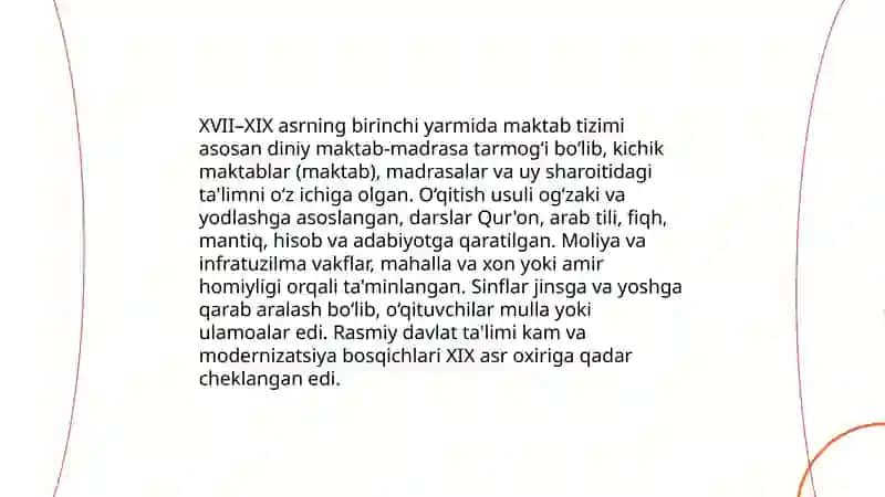 XVII asrdan XIX asrning birinchi yarmigacha tarbiya, maktab va pedagogik fikrlar rivoji 4
