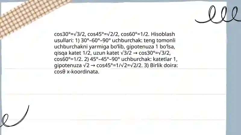 Geografiya: 30°45°60° li burchakning sinusi, kosinusi,tangensi,katangensi ni hisoblash 4