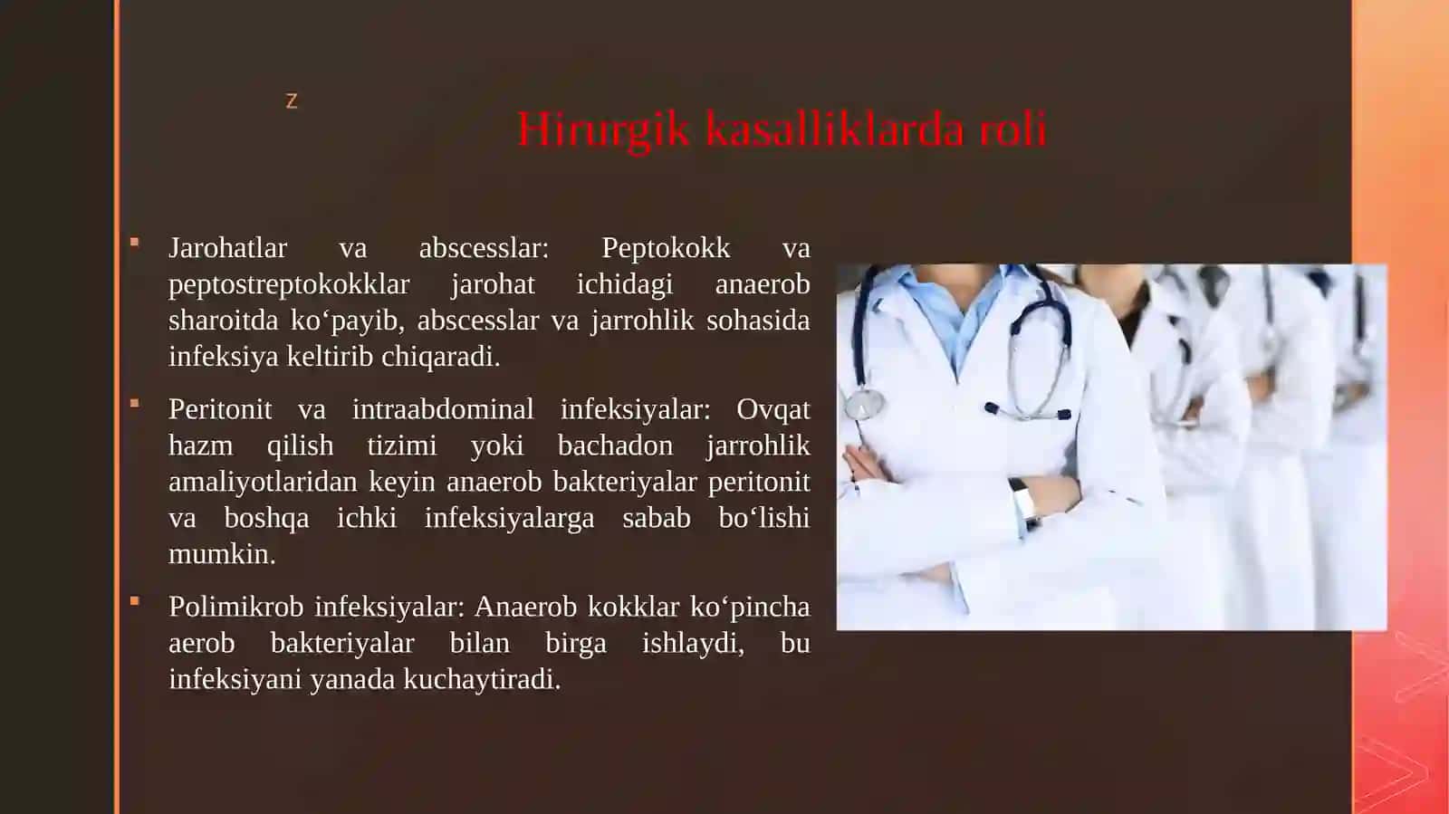 Shartli patogen anaerob kokklarni (peptokokklar, peptostreptokokklar, veylonellalalar) hirurgik va ginekologik kasalliklardagi ahamiyati. Qandli diabetda uchraydigan infeksiyalar, patogenez va laboratoriya tashhisi. 4