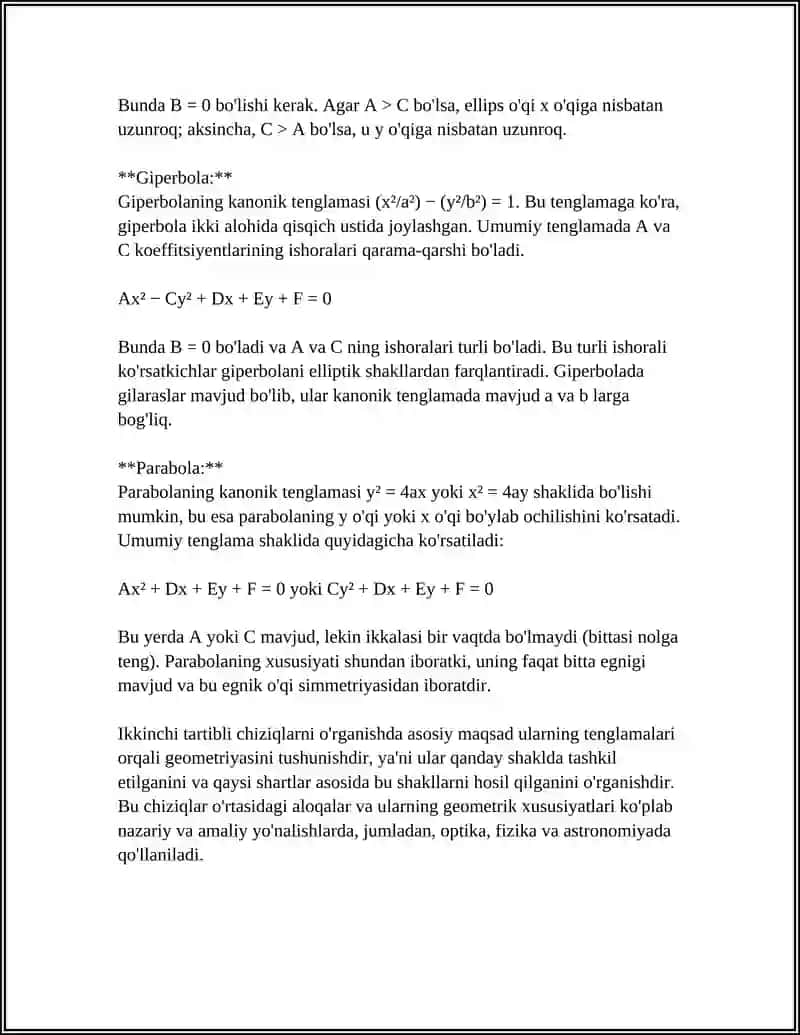 IKKINCHI TARTIBLI CHIZIQLAR.AYLANA,ELLIPS,GIPERBOLA,PARABOLA VZ ULARNING KANONIK TENGLAMALARI 4