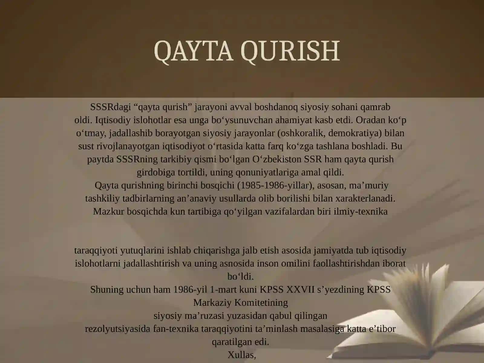 Oʻzbekistonning ijtimoiy siyosiy jarayonlari XX asr 80-yillar o‘rtalarida 4