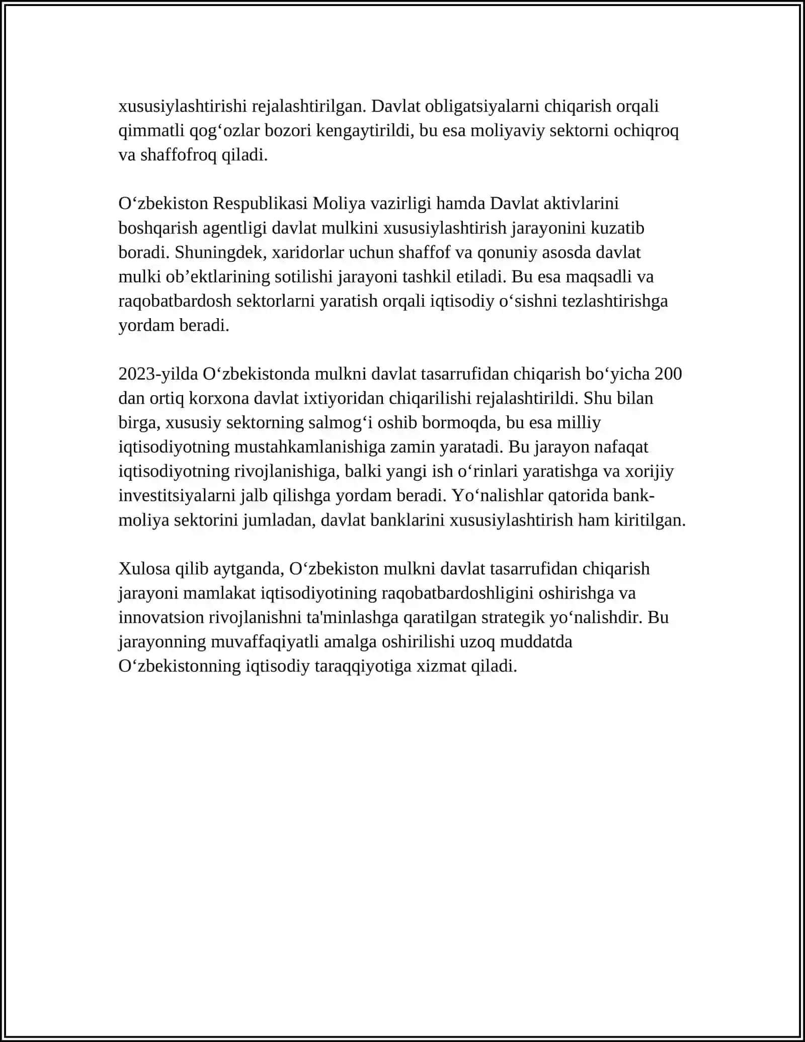 O‘zbekiston Mulkni Davlat Tasarrufidan Chiqarish Va Xususiylashtirishning Maqsadi 4