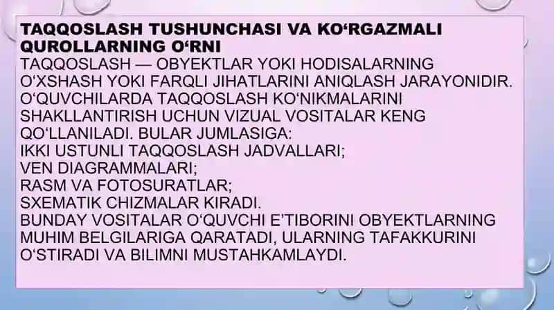 Taqqoslash, tahlil va sintez tushunchalarini shakllantirishda foydalaniladigan ko'rgazmali 4