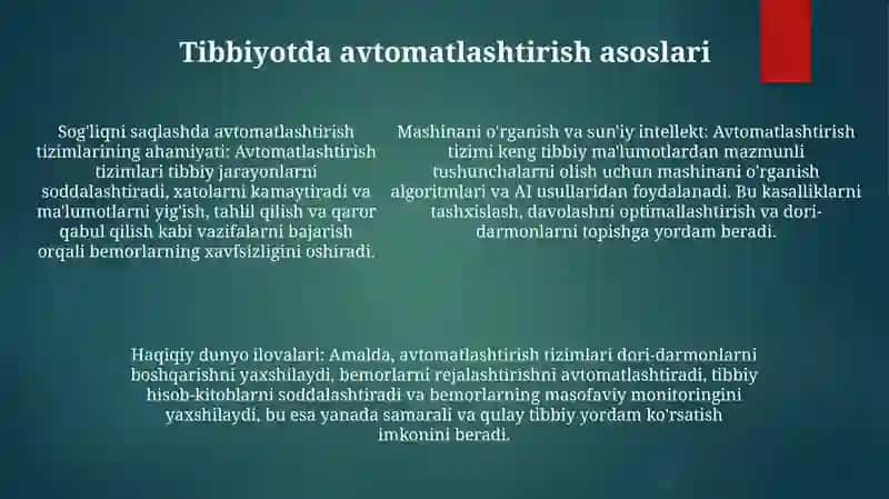 Tibbiyotda Ishchi O'Rinlarini Avtomatlashtirishda Mayinlik Axborotlarni Qayta Ishlash Texnalogiyasi 4