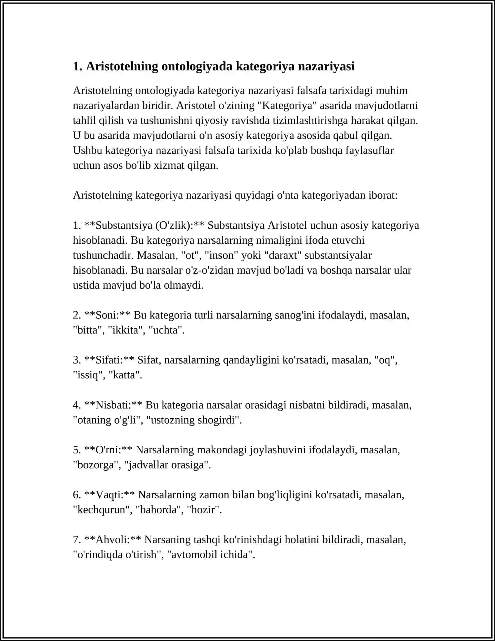 ARISTOTEL FOROBIY VA KANT ONTOLOGIYASIDA KATEGORIYALARNING TASNIFI 4