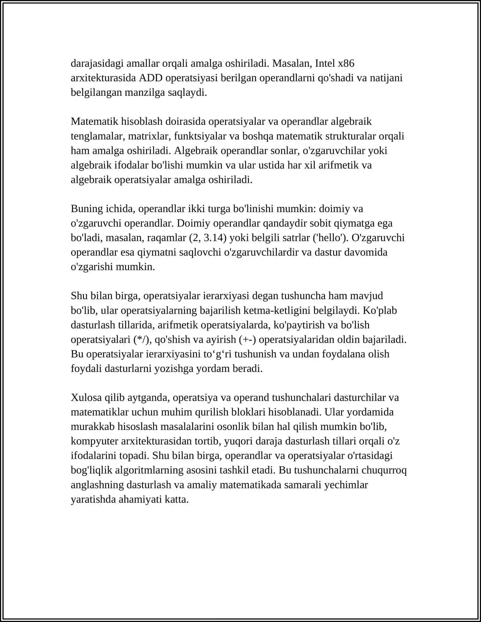 "OPERATSIYA-OPERAND" HISOBLASHLAR MODELINI O`RGANISH 4