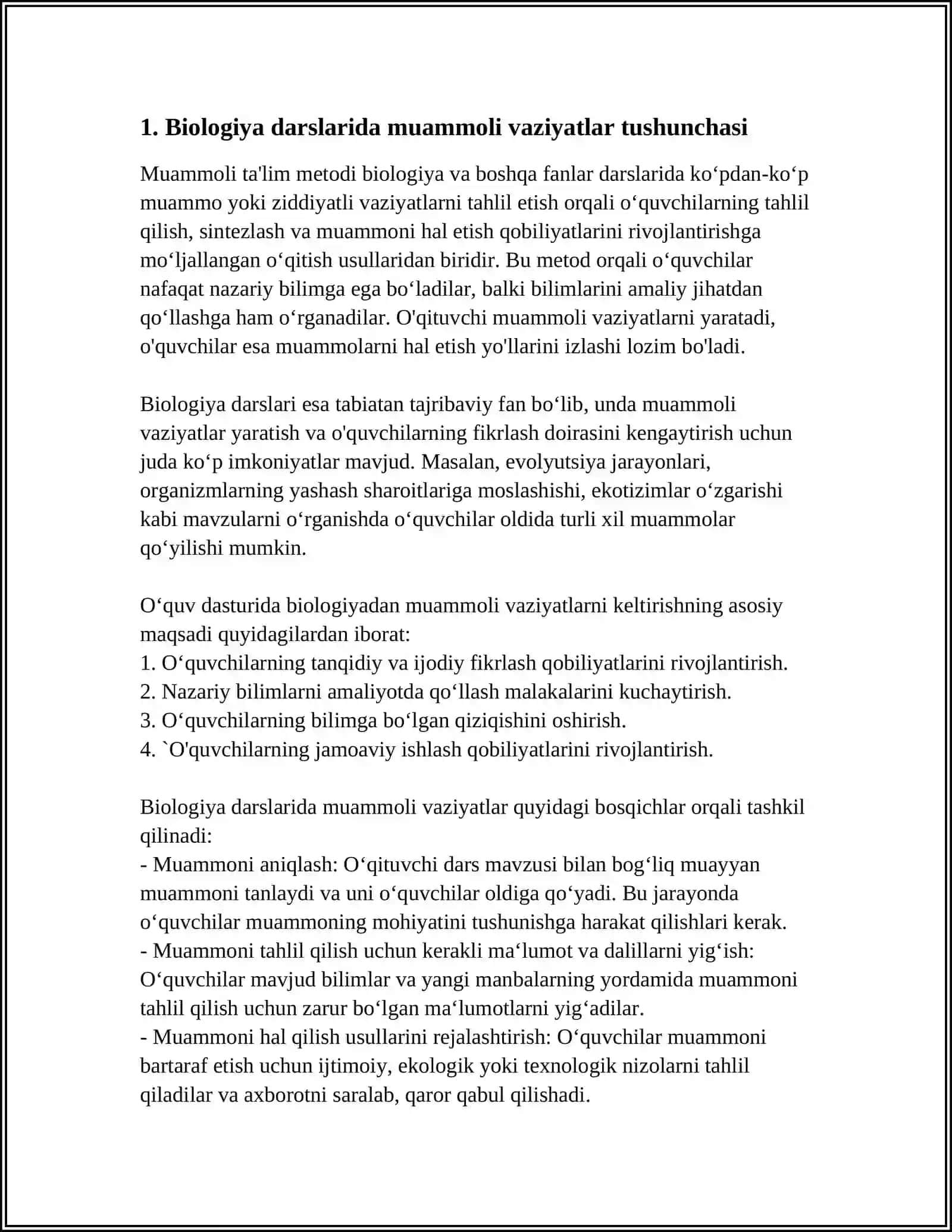 BIOLOGIYA DARSLARIDA MUAMMOLI VAZIYATLAR YARATISH USLUBLARINING AHAMIYATI 4