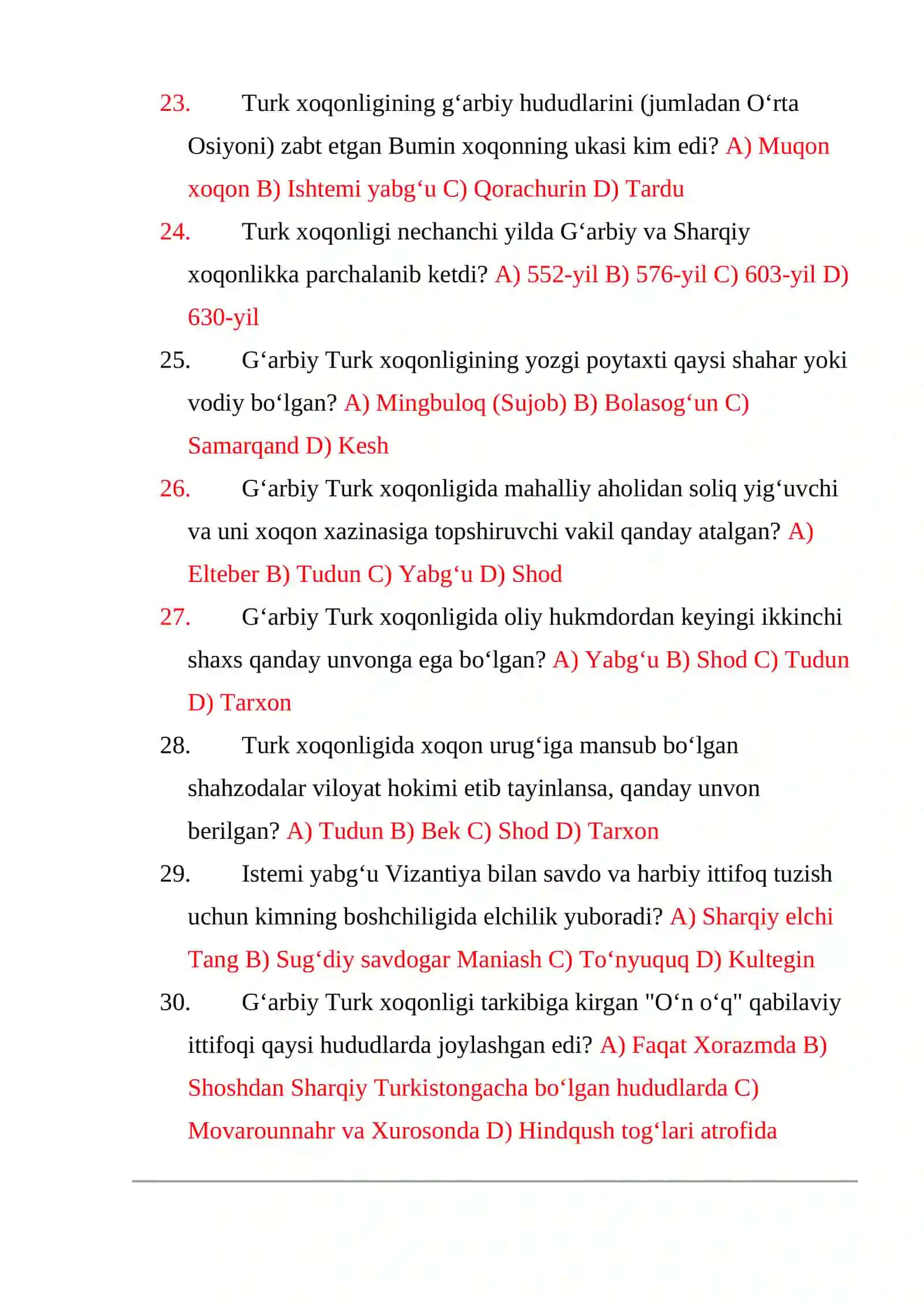 7-sinf TARIX fanidan mavzulashtirilgan DTMga tushadigan 1-10 paragrifdan testlar to’plami 4
