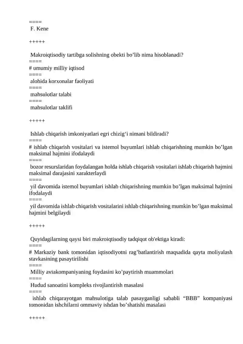 Mikro va makroiqtisodiyot fanidan yakuniy nazorat testlari TMS-101 guruh uchun 4