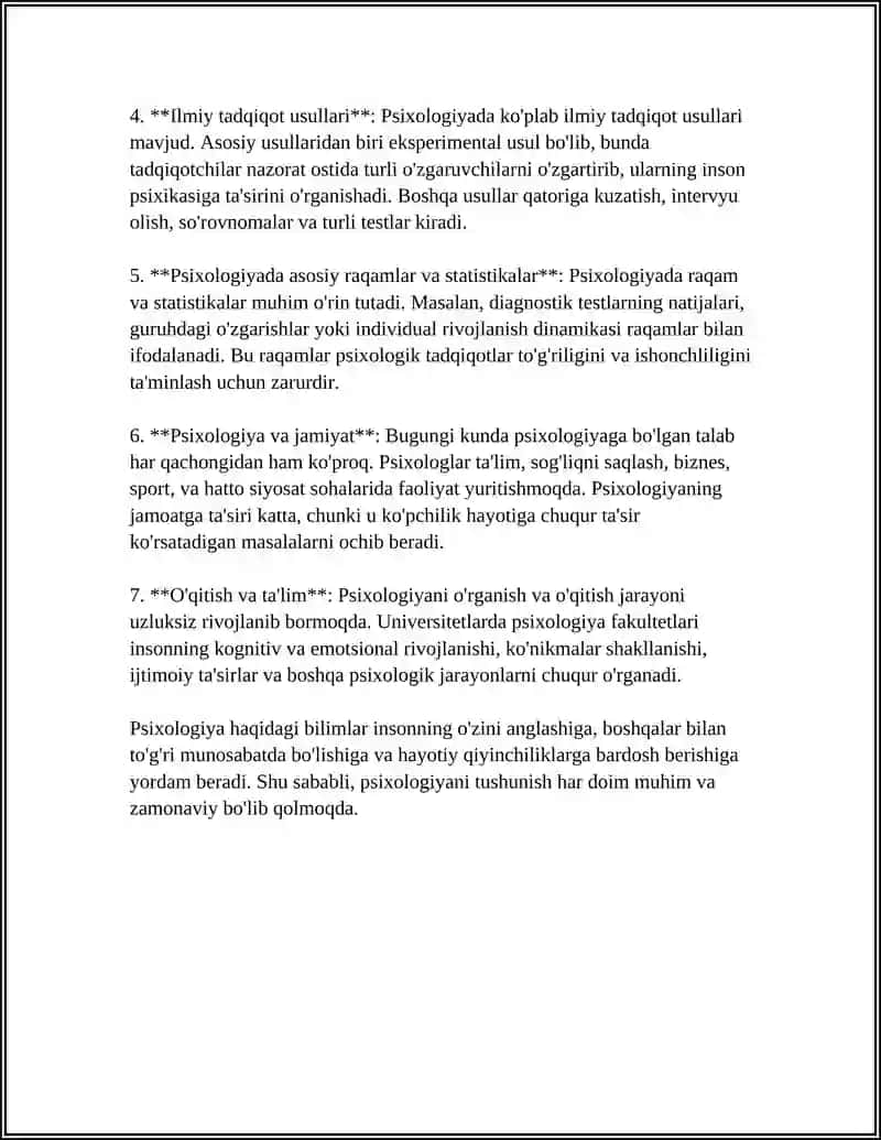 MUSTAQIL ISH Mavzu: PSIXOLOGIYA MODULIGA KIRISH. TIBBIYOTDA PSIXOLOGIK BILIMLARNING AHAMIYATI 4