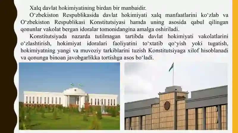 O‘zbekiston Respublikasida davlat xokimiyatini amalga oshirish deganda nmani tushunasiz va u km tomonidan amalga oshiriladi 4