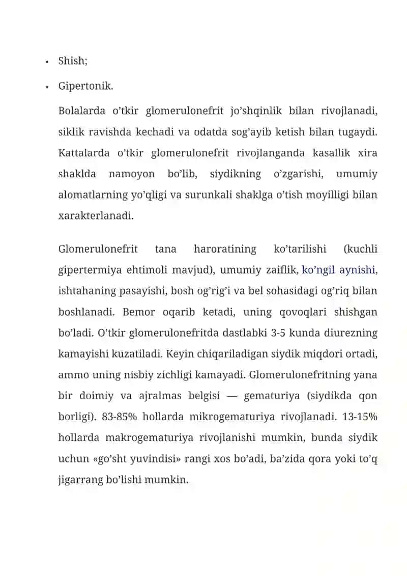 GLOMERULONEFRIT — SABABLARI, ALOMATLARI, TASHXISLASH, DAVOLASH, ASORATLARI 4