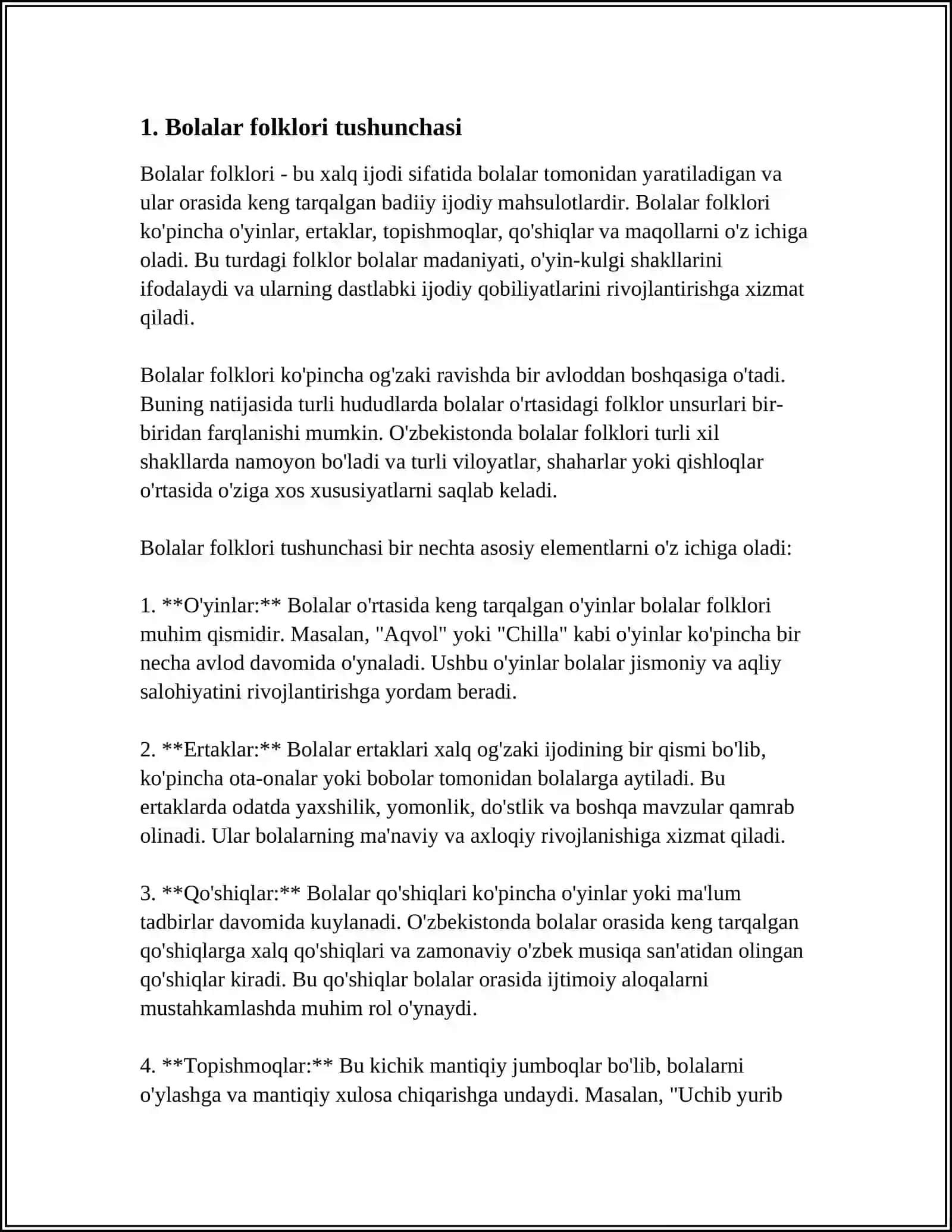 BOLALAR FALKLORI HAQIDA TUSHUNCHA. BOLALAR FALKLORI TABIATI VA JANR TARKIBI 4