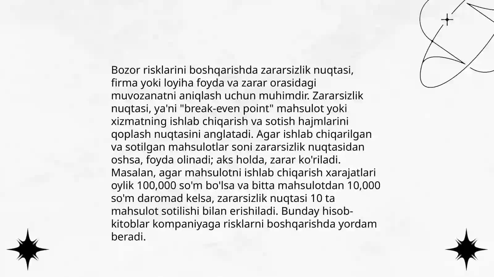 Bozor riskini baholashda "Zararsizlik nuqtasini aniqlash" modelini ahamiyati 4
