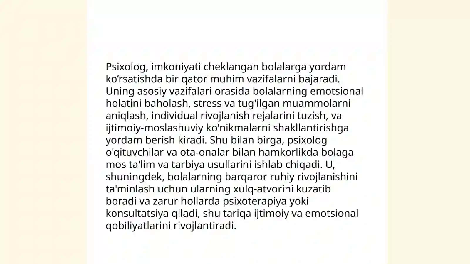 Imkoniyati cheklangan bolalarni o’qitish va dars jarayonini tashkil etishda maktab o’qituvchisi, psixolog va tarbiyachilarni vazifasi 4
