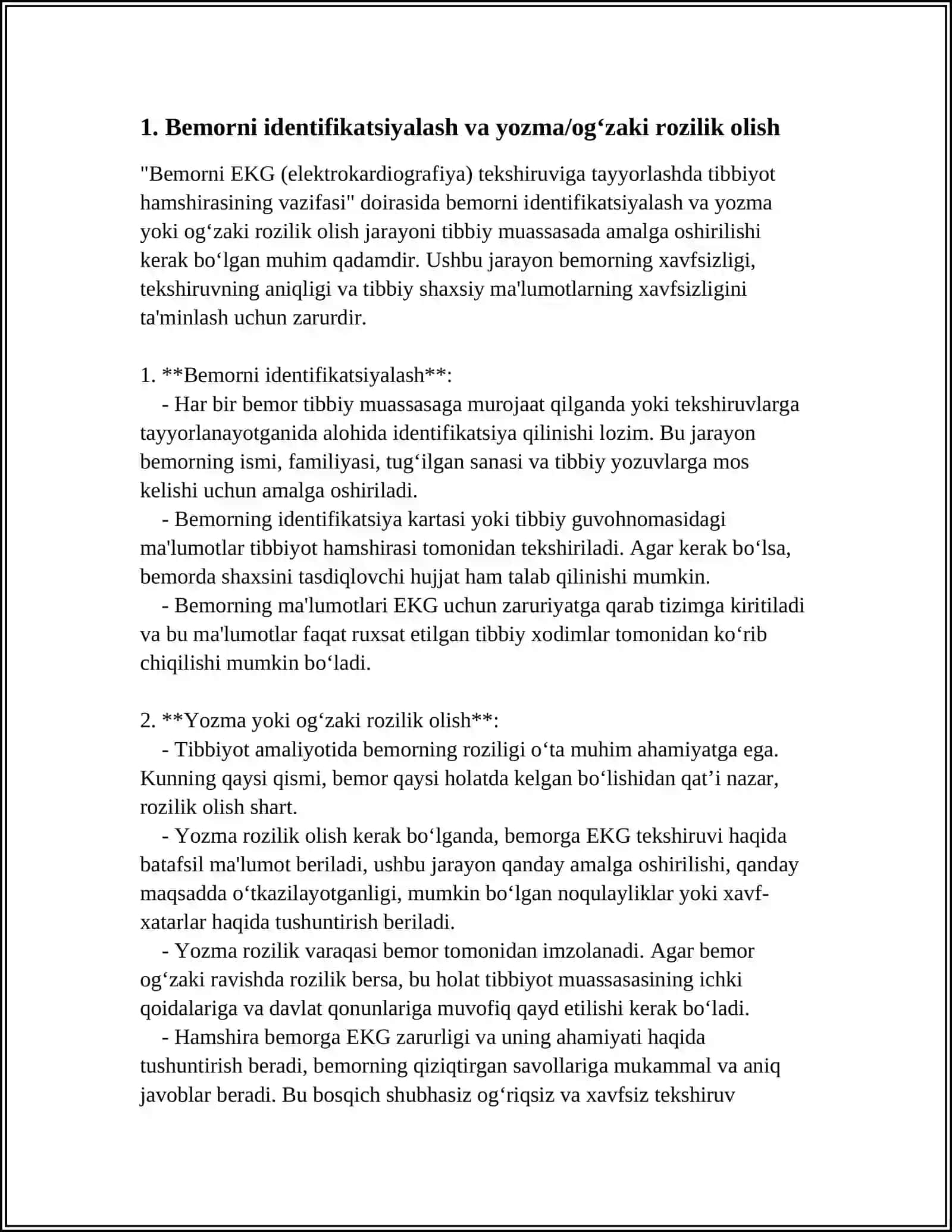 Bemorni EKG tekshiruvga tayyorlashda tibbiyot hamshirasining vazifasi 4