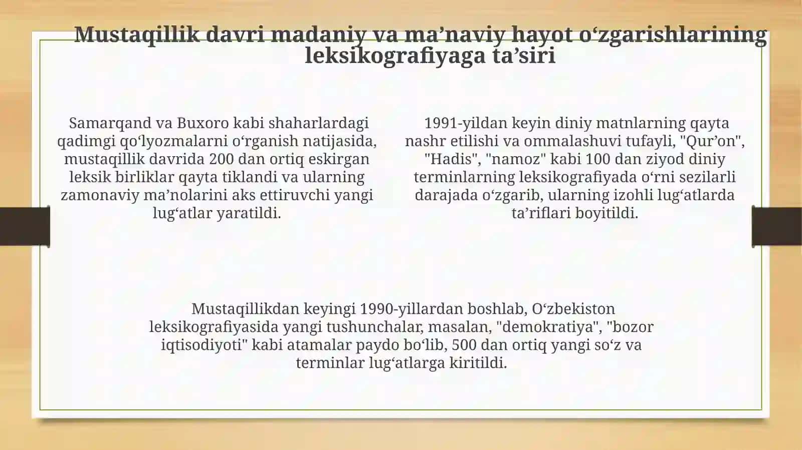 Mustaqillik davri madaniy va ma'naviy hayot o'zgarishlarining leksikografiyaga ta'siri 4