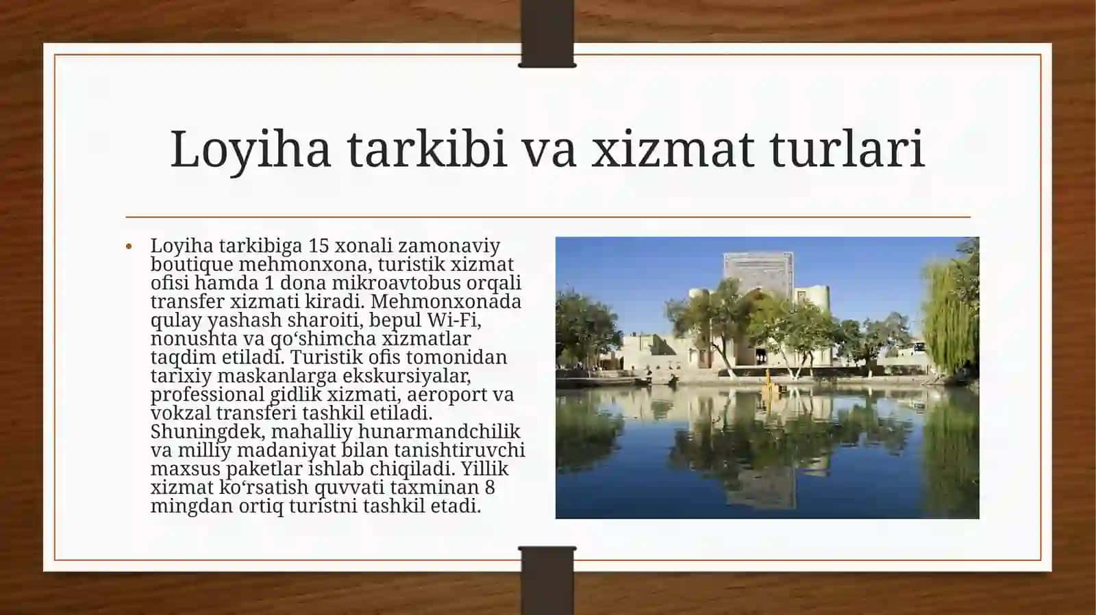 (100 millionlik Loyiha ishi ) Turistik va mehmonxona xizmatlarini ko'rsatuvchi 4