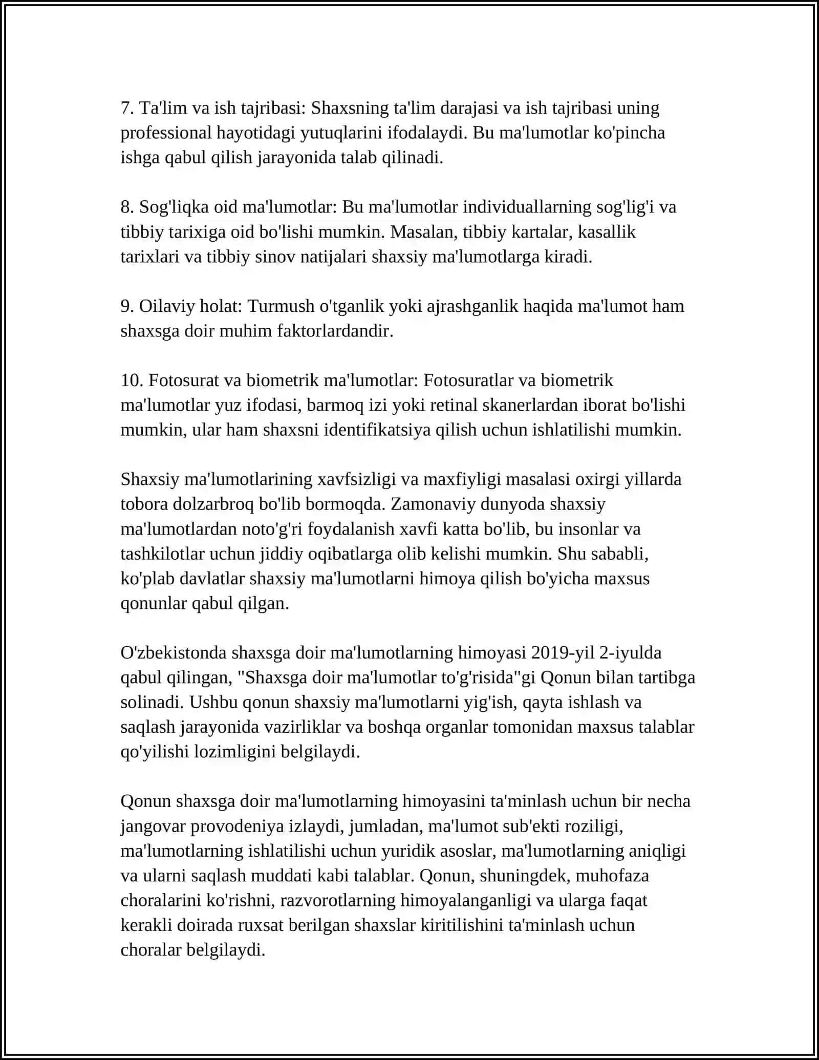 SHAXSGA DOIR MA'LUMOTLAR TUSHUNCHASI VA TURLARI 4