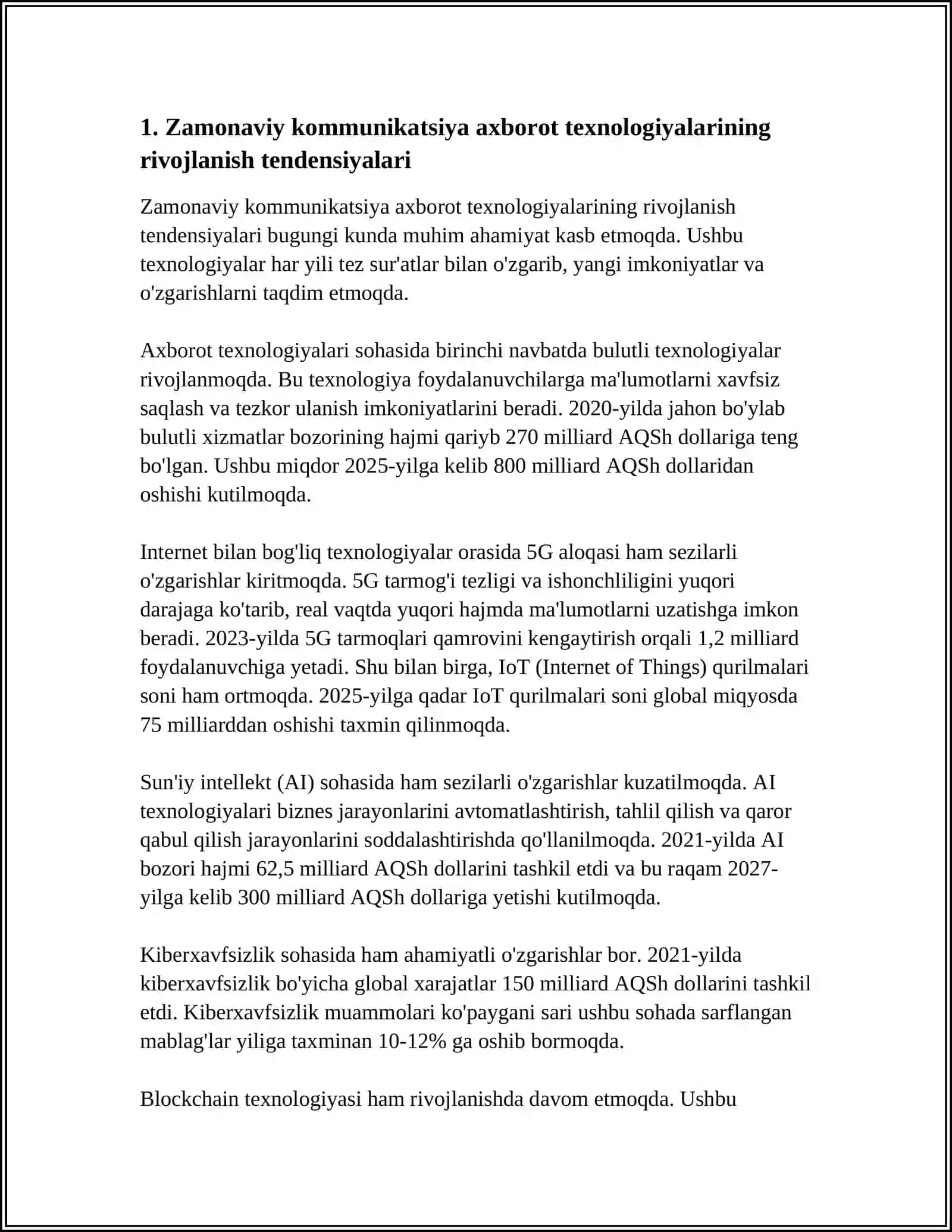 ZAMONAVIY KOMMUNIKATSIYA AXBOROT TEXNOLOGIYALARINING RIVOJLANISH TENDENSIYALARI YOʻNALISHLARI; VA ASOSIY 4