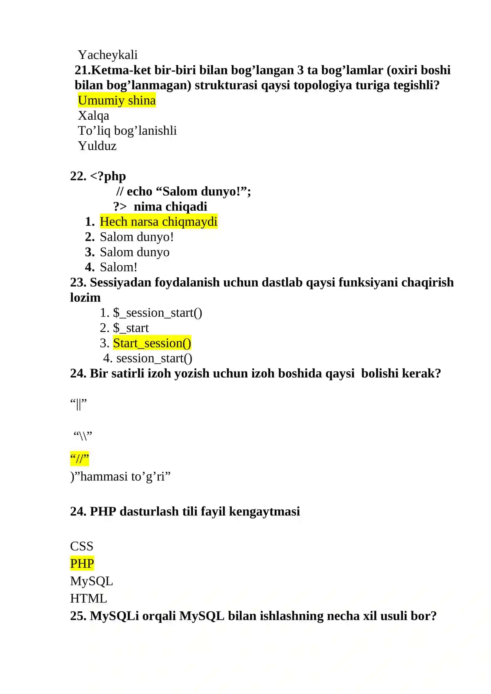 Mavzu: AXBOROT TEXNALOGIYALARI VA MENEJMENT UNIVERSITETI 2 KURS SIRTQI MATEMATIKA VA INFORMATIKA YO’NALISHI TALABALARIGA YAKUNIY NAZORAT TEST 4