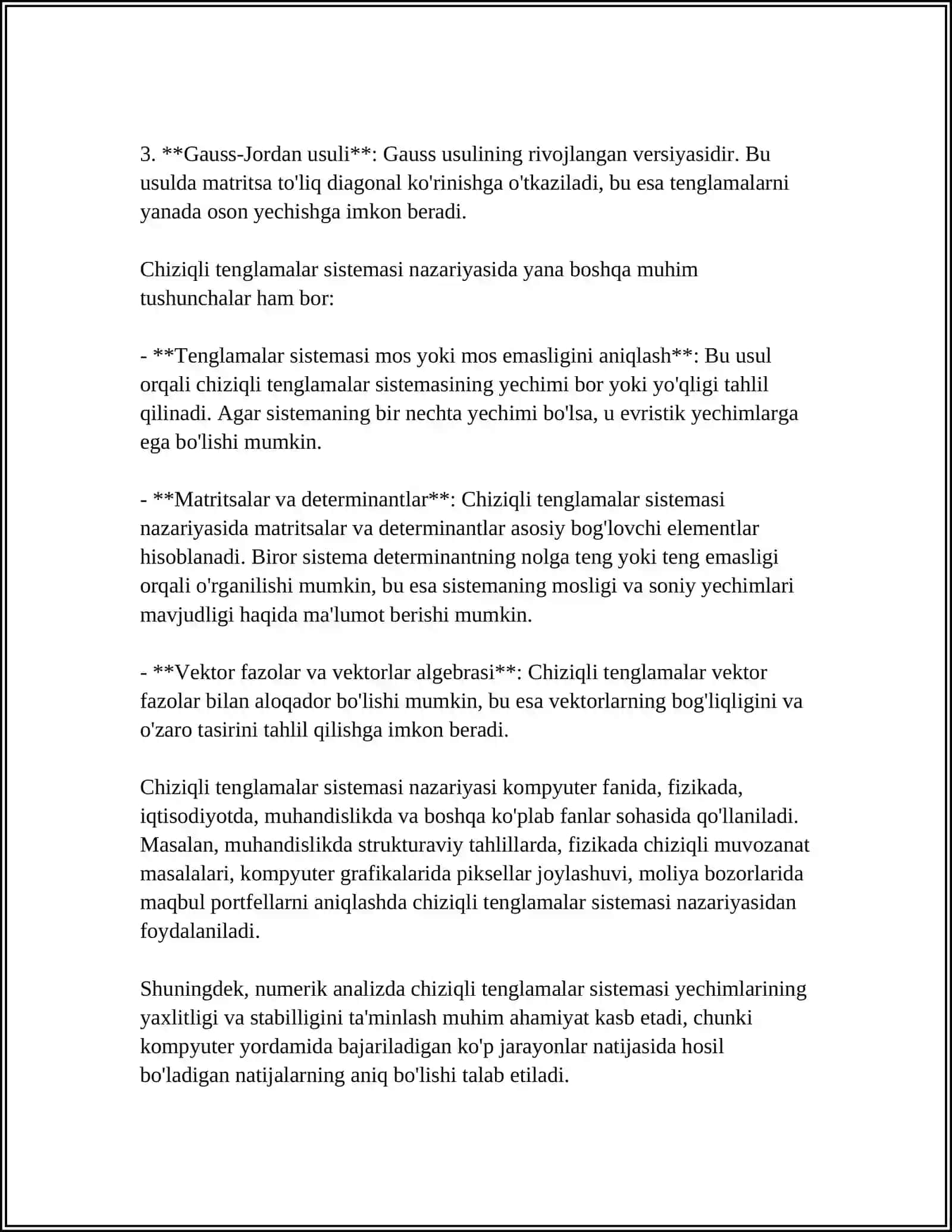 CHIZIQLI TENGLAMALAR SISTEMASI VA UNI YECHISH USULLARI.KRONEKER-KAPELLI TOREMASI.BIR JINSLI CHIZIQLI ALGEBRAIK TENGLAMALAR SISTEMASI.CHIZIQLI ALGEBRAIK TENGLAMALAR SISTEMASINI YECHISHDA DASTURLAR MAJMUOSIDAN FOYDALANISH.CHIZIQLI ALGEBRAIK TENGLAMALAR SISTEMASINING TATBIQLARI 4