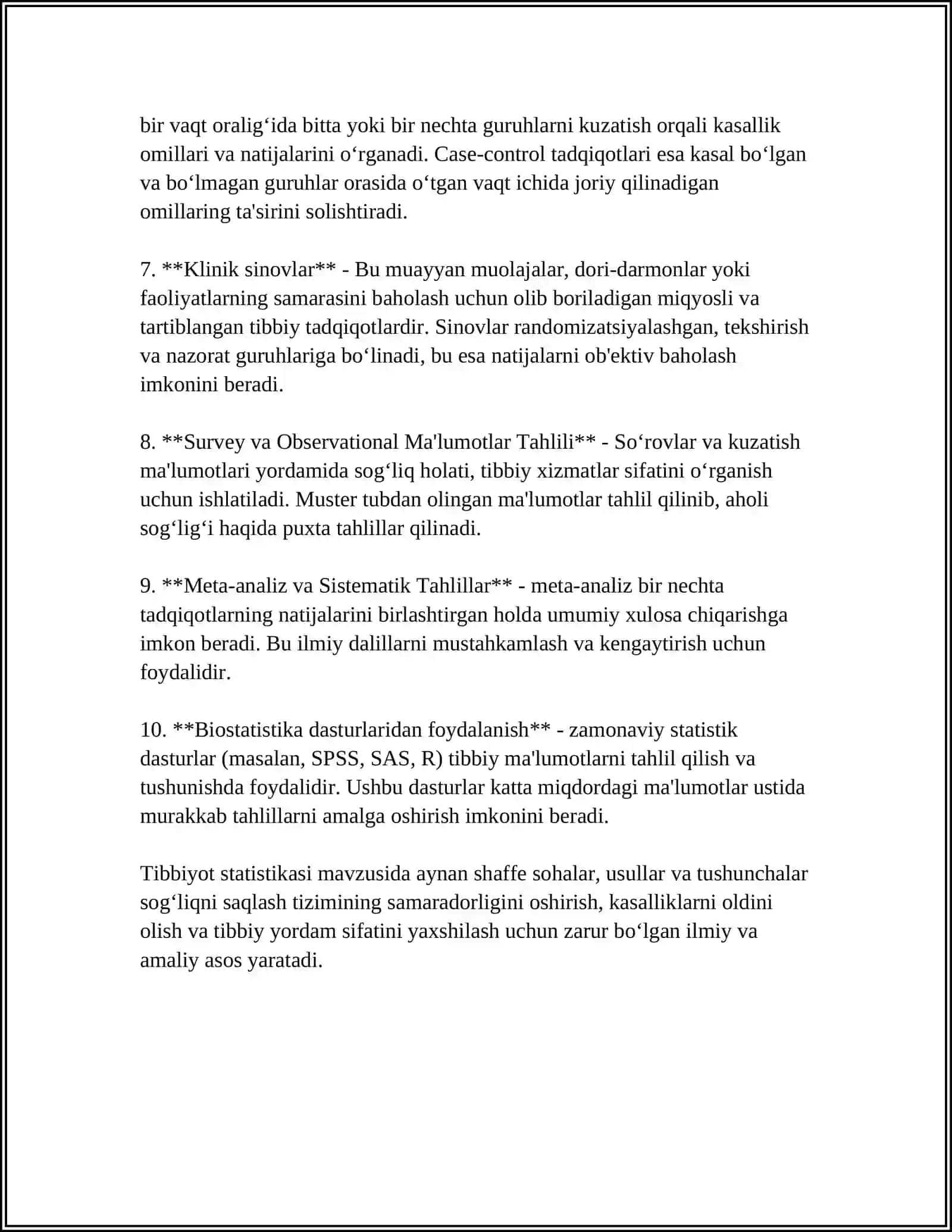 Tibbiyot statistikasi asoslari uning sog'liqni saqlashdagi ahmiyati. Tibbiyot statistikasini turlari 4