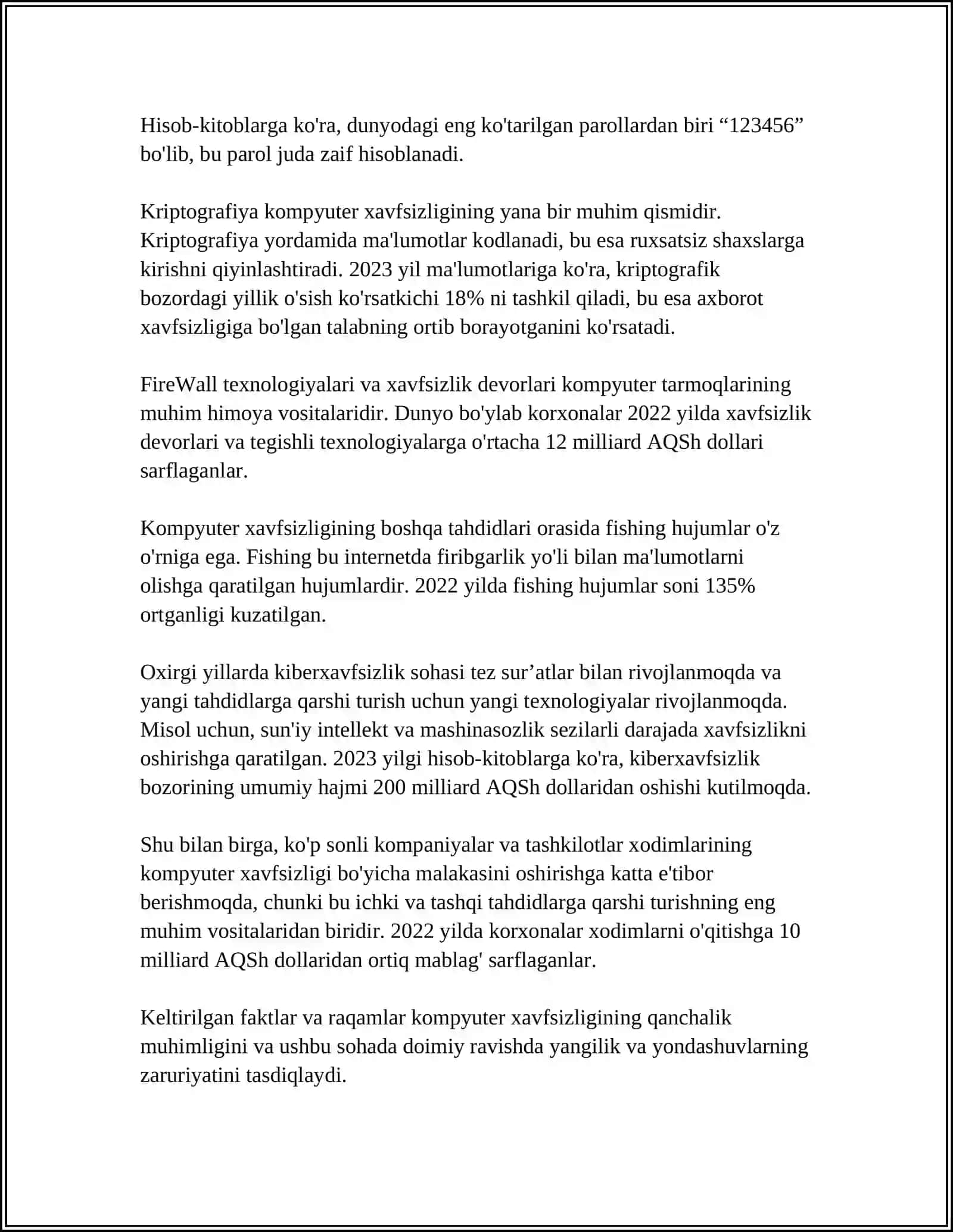MUSTAQIL ISH Mavzu: HAVFSIZLIK VA HIMOYA QILISH, INFORMATIKA SOHALARIDAN BIRI SIFATIDA 4