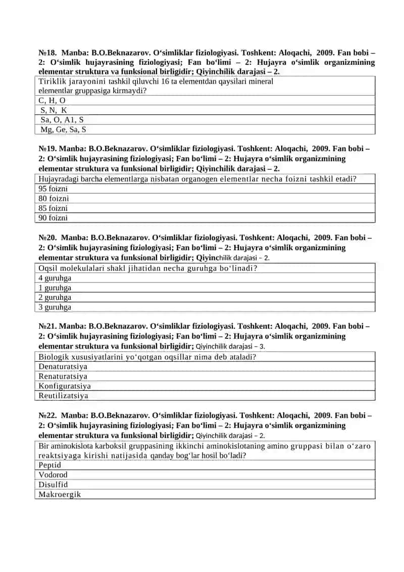 Oʻsimliklar fiziologiyasi TEST SAVOLLARI 4