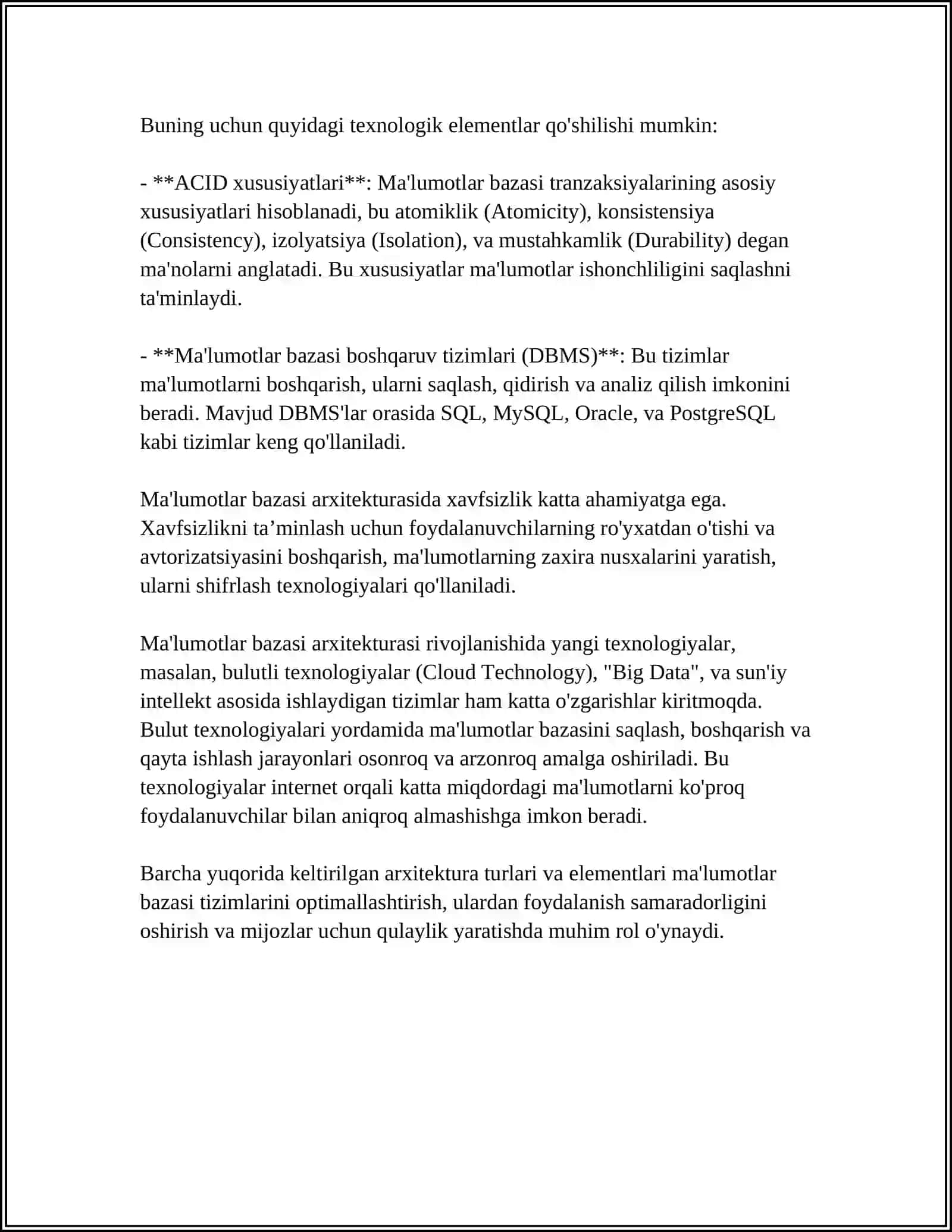 MA'LUMOTLAR BAZASI. MA'LUMOTLAR BAZASINI BOSHQARISH TIZIMLARI 4