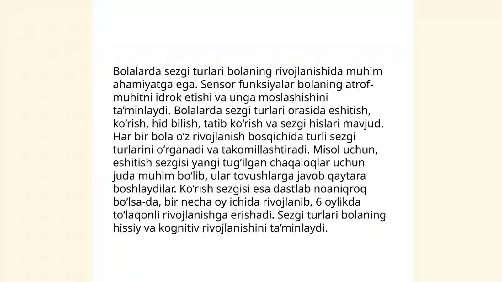 Sezgi, Bolalarda sezgining rivojlanishi 4