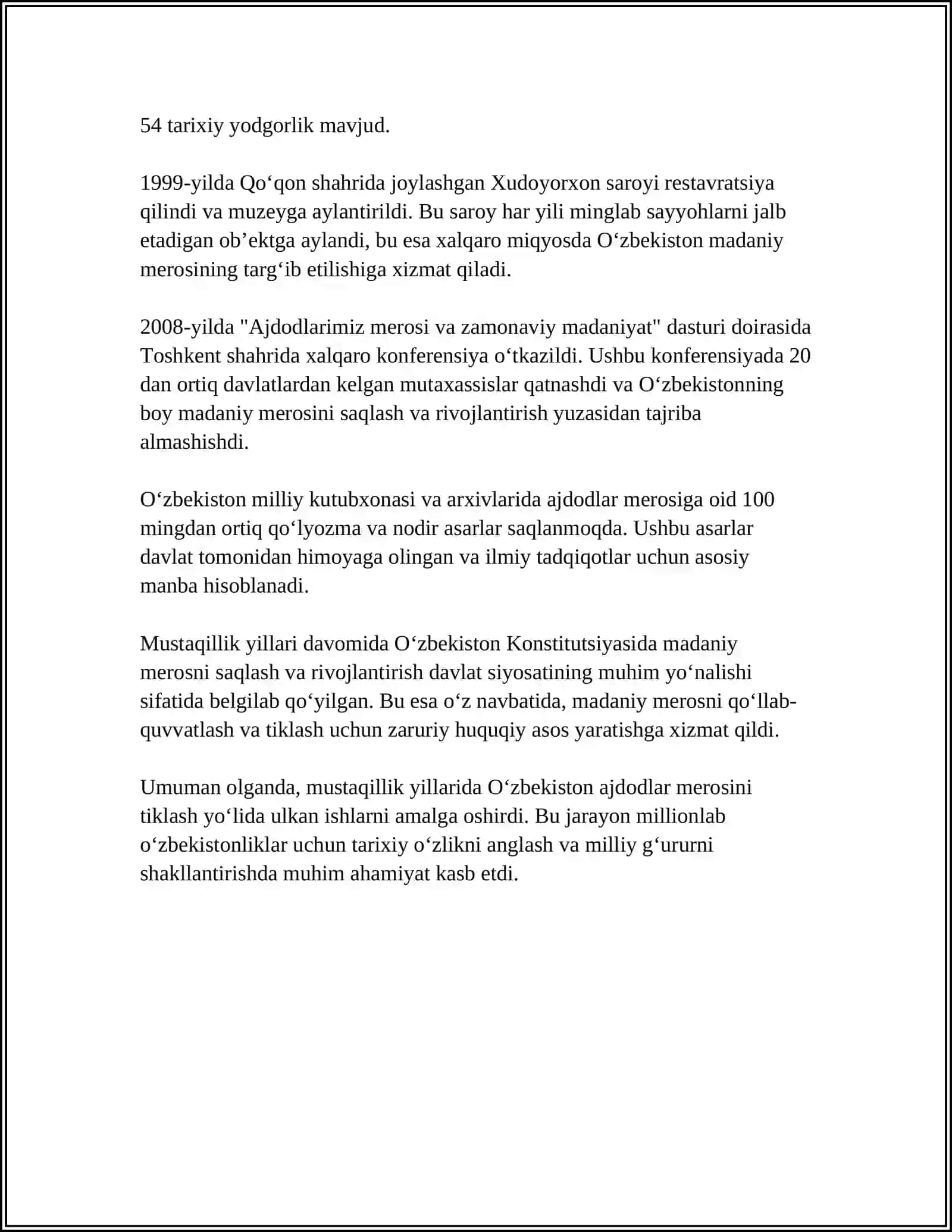 MUSTAQIGLLIK YILLARIDA AJDODLAR MEROSI MILLIY QADIRIYATLARNI TIKLASH HAMDA BUYUK AJDODLAR VA TARIXIY SHAXSLARGA BULGAN EʼTIBOR 4