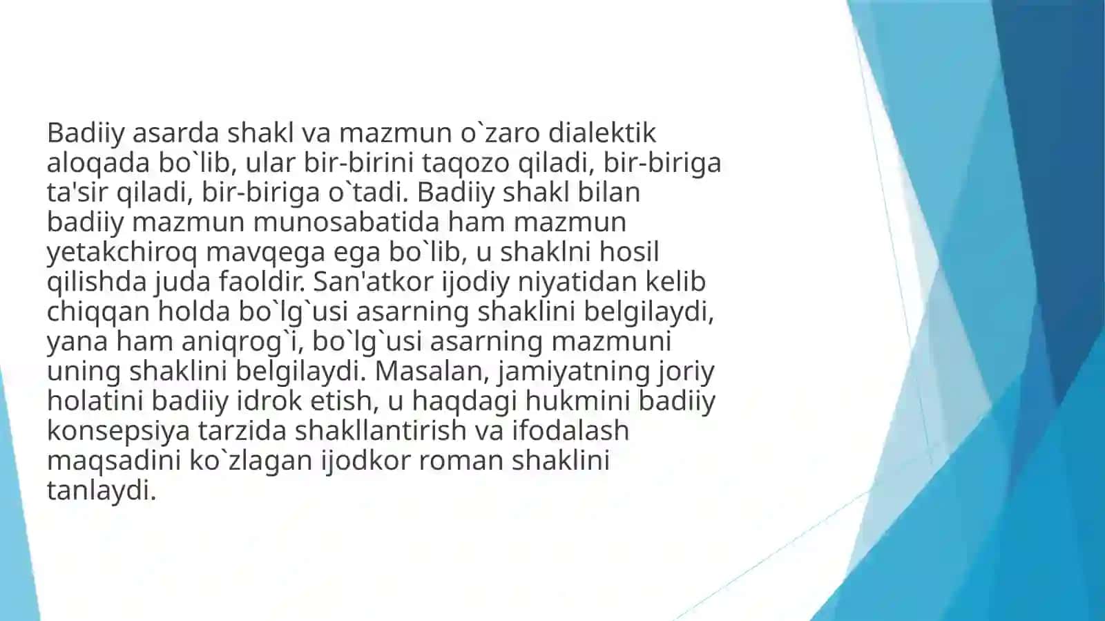 Badiiy asar tarkibi. Mazmun va shakl birligi 4