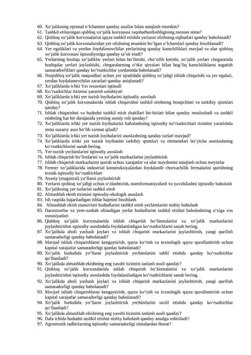 Yer tuzish iqtisodi fanidan Nazorat savollari 4