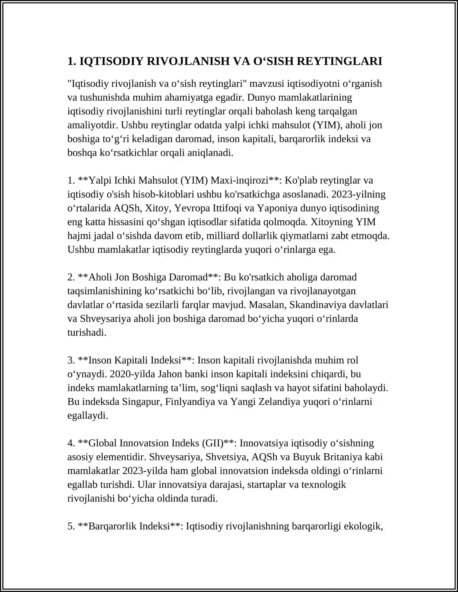 IQTISODIY VA IJTIMOIY SOHADAGI USTUVOR XALQARO REYTINGLAR VA ULARGA OʻZBEKISTONNING INTERGRATSIYALASHUVI 4