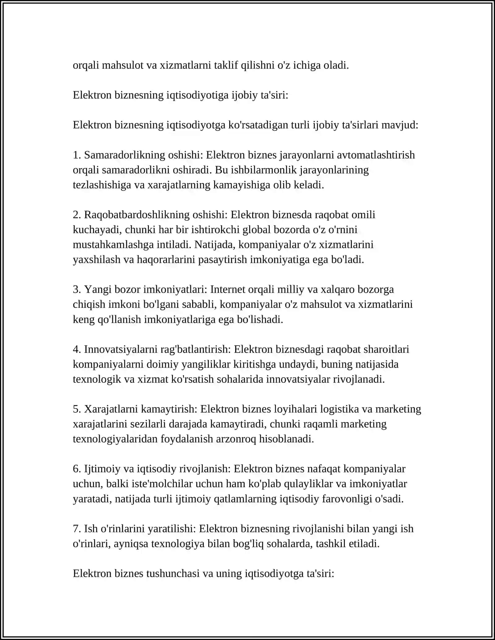 ELEKTIRON BIZNESNING ASOSIY KOMPONETLARI ELEKTIRON BIZNESNING IQTISODIYOTIGA IJOBIY TASIRI 4