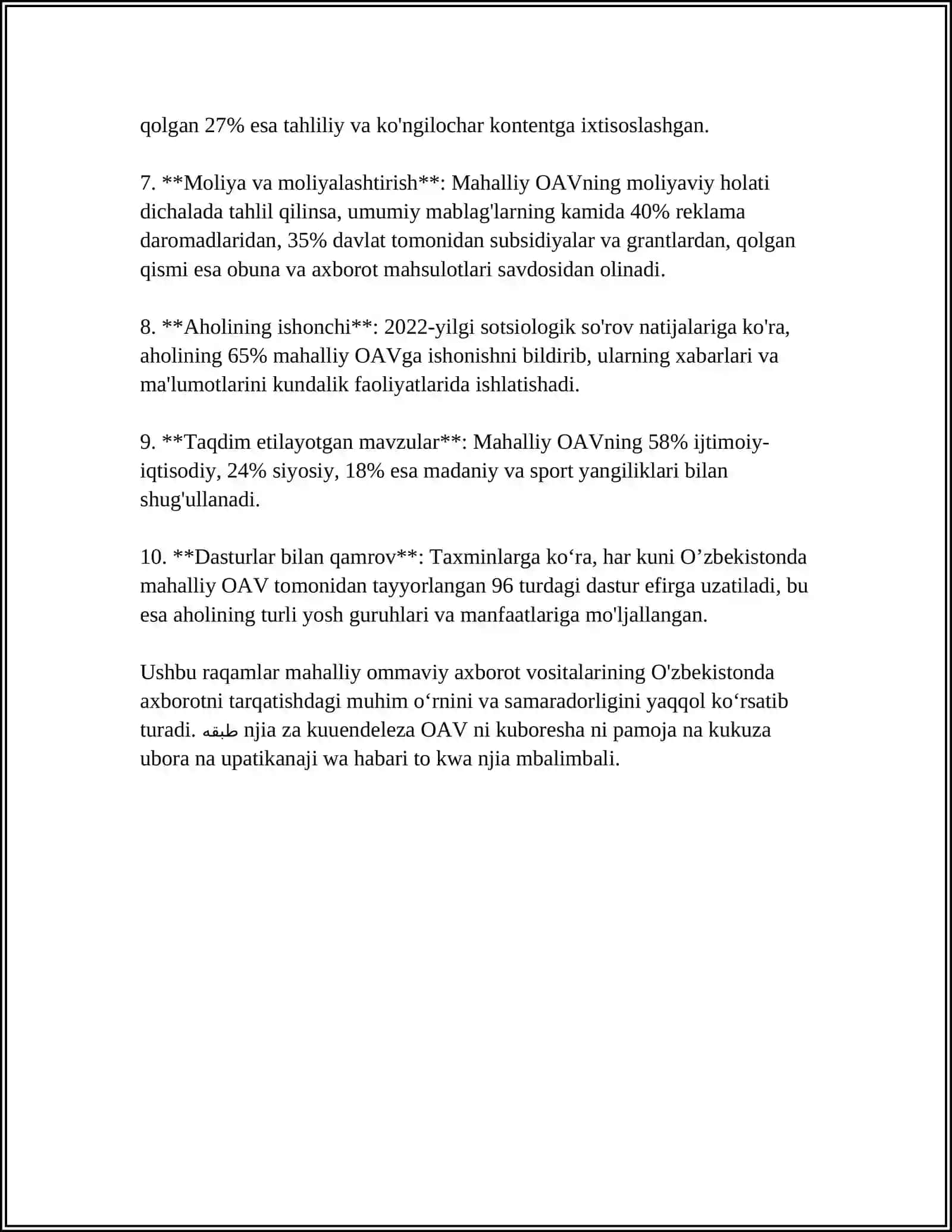 MAHALLIY VA JAHON OAV TELEDASTURLARIDAN BIRINI TAQQOSLAB,TAHLIL QILISH 4