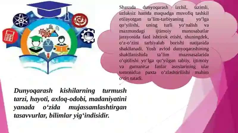 Tarbiya jarayonining  mazmuni ( aqliy,axloqiy,jismoniy estetik, ekologik tarbiya) 4