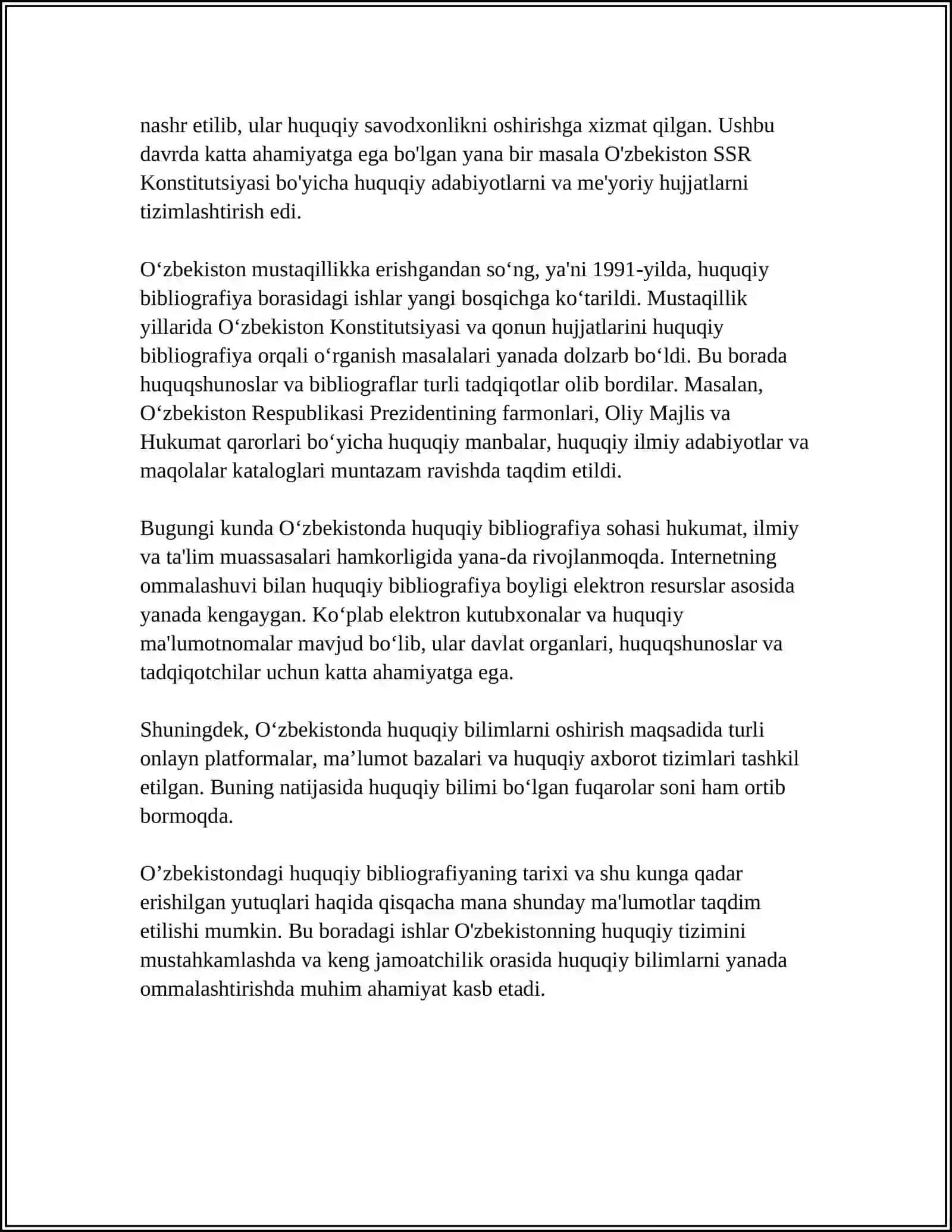 ÔZBEKISTONDAGI HUQUQIY BIBLIOGRAFIYA:TARIX VA RIVOJLANISH HOZIRGI TENDENTSIYALARI VA MUAMMOLAR 4