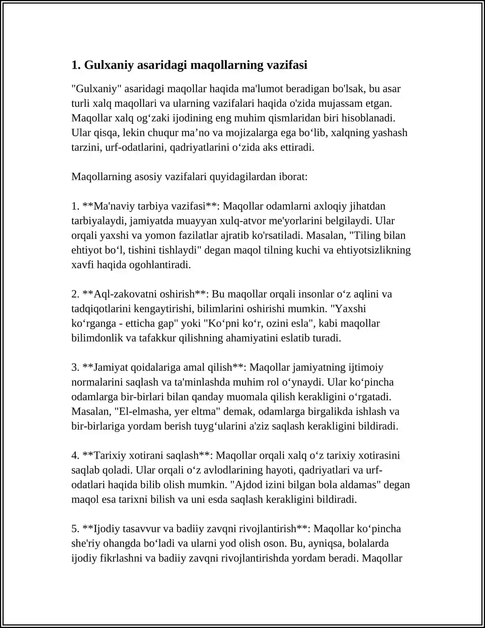 GULXANIYNING “ZARBULMASAL” ASARIDA QO‘LLANILGAN MAQOL, HIKMATLI SO‘Z VA QOCHIRIMLARDAN NAMUNALAR YOZIB, TAHLIL QILISH 4