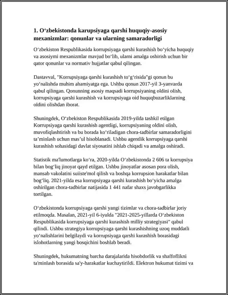 O'ZBEKISTONDA KARUPSIYAGA QARSHI KURASHISH MEXANIZMLARI MAVZUSIDA ESSE TAYORLAB BER 4