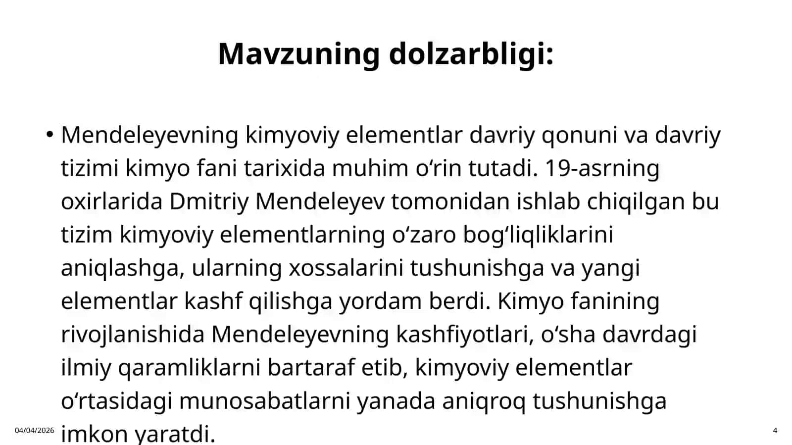 Mendeleyevning kimyoviy elementlari davriy qonuni va davriy sistemasi hamda uning ahamiyati 4