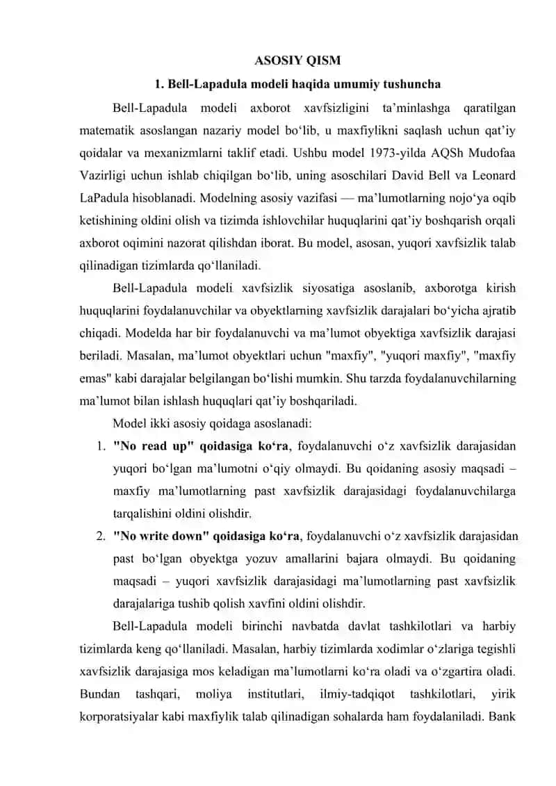 Bell-LaPadula modelining RBAC yordamida takomillashtirilgan versiyasi va uning afzalliklari 4