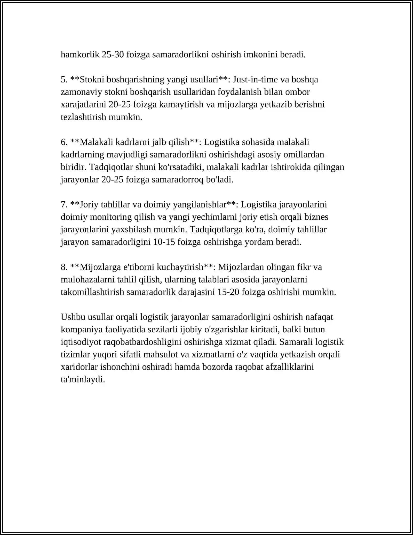 LOGISTIK SERVIS SAMARADORLIGINI VA UNI BAHOLASH 4