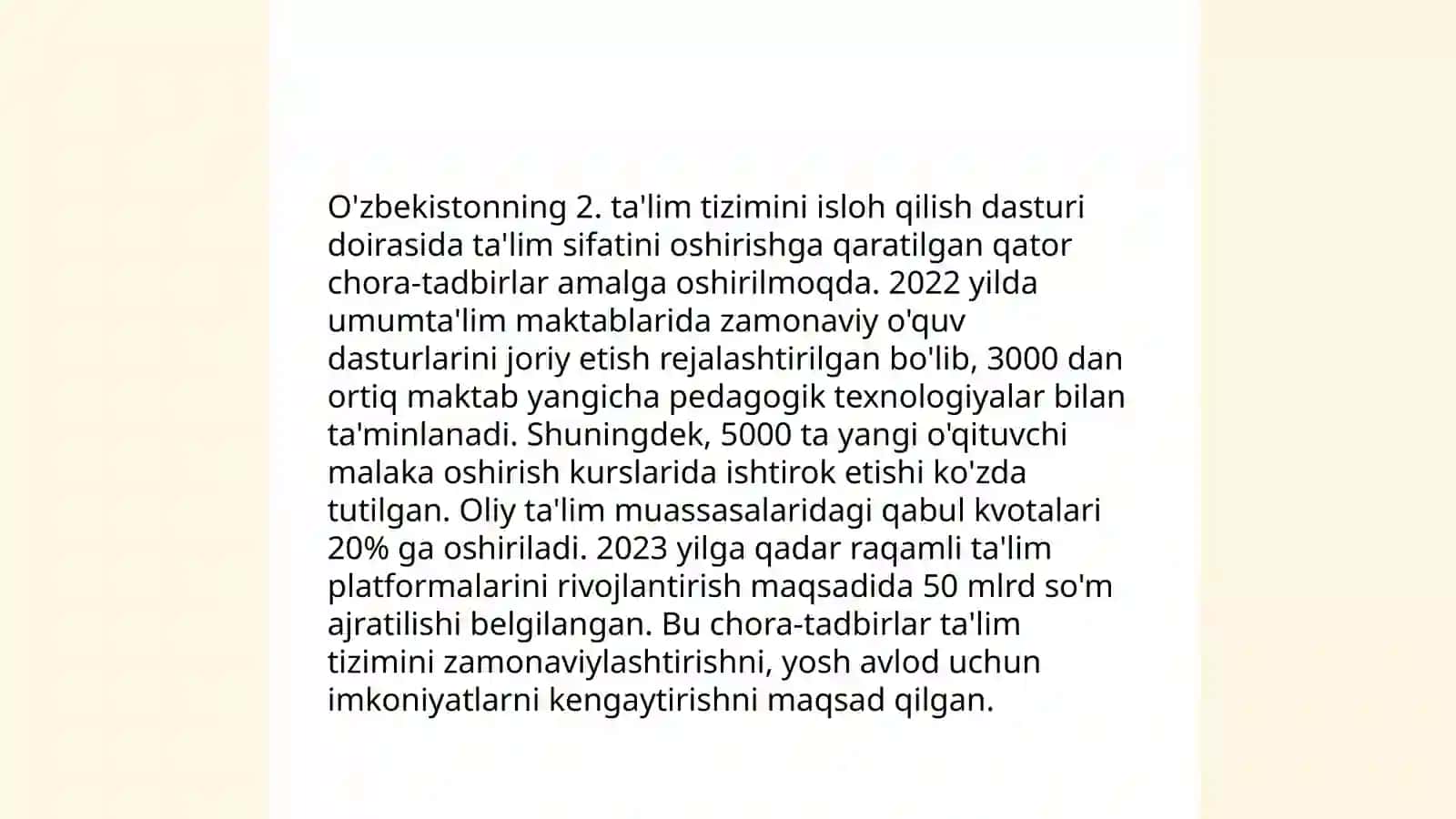 Oʻzbekiston Respublikasida ta'lim sohasida amalga oshirilgan oʻzgarishlar 4