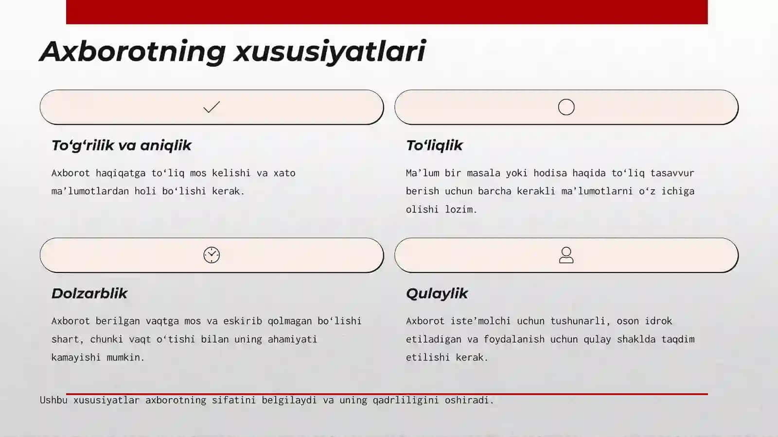 Axborot va uning turlari, xususiyatlari, ko‘rinishlari hamdao‘lchovbirliklari 4