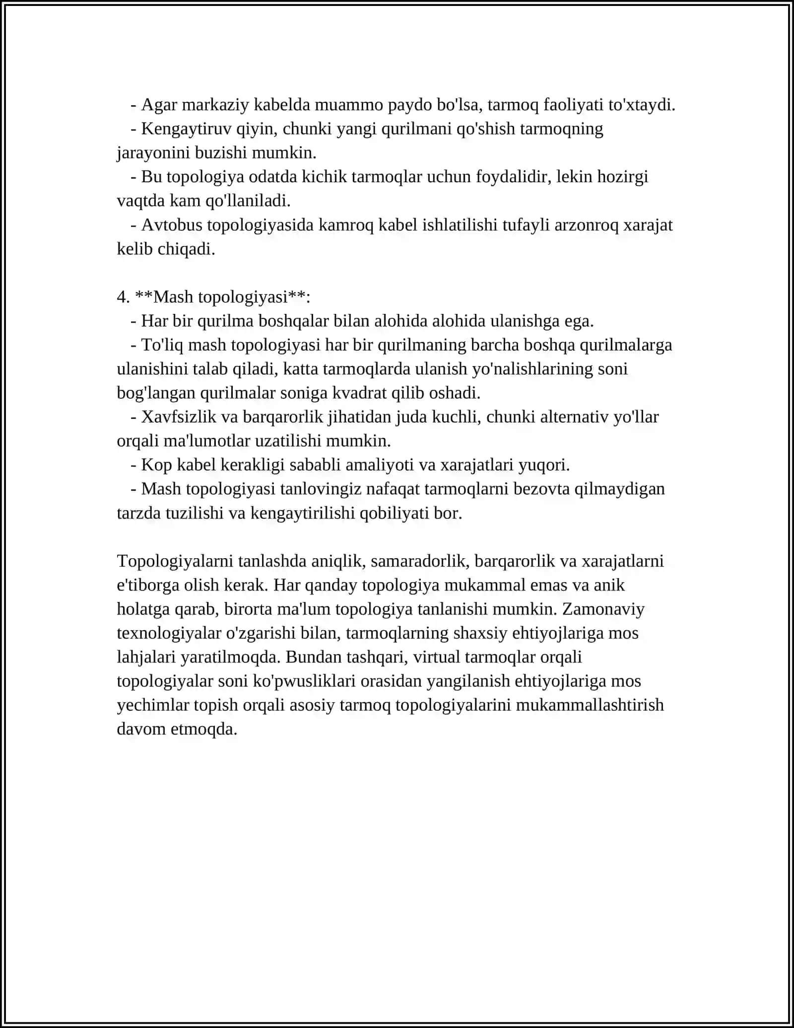 TARMOQ TOPOLOGIYASI.LOKAL TARMOQ ORQALI AXBOROTLAR ALMASHISH 4