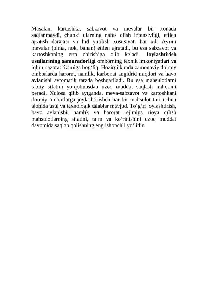 Mеva-sabzavоt  va kartоshkani  dоimiy  оmbоrlarga  jоylashtirish usullari. 4
