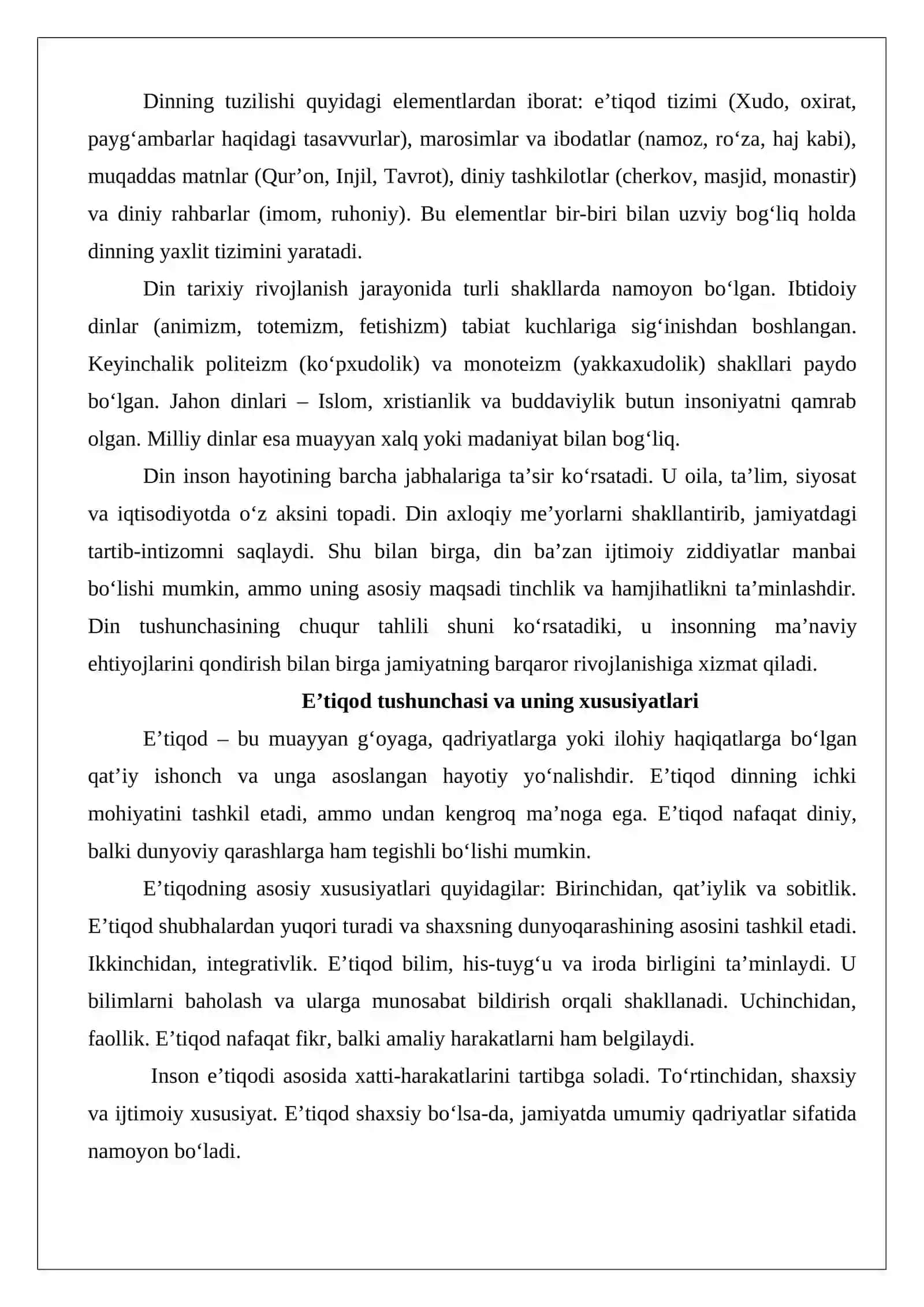 Din, e’tiqod so’zlarining ta’rifi, vijdon atamasiga berilgan ta’riflar, tolerantlik – diniy bag’rikenglik atamasi va uning bugungi kundagi ahamiyati 4