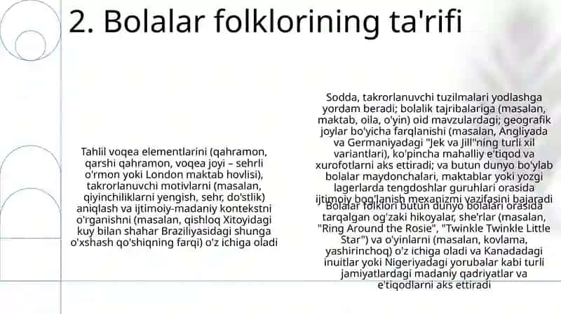 Bolalar folklori namunalarining o'ziga xos belgilarini aniqlash 4